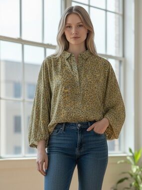 Xirena Daphne Floral Print Cotton & Silk Top Cottagecore Yellow Garden Flowers M